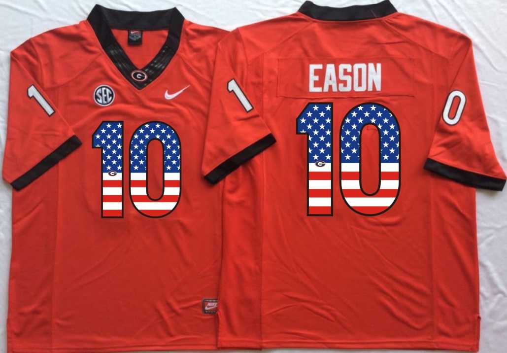 Georgia Bulldogs #10 Jacob Eason Red USA Flag College Stitched Jersey